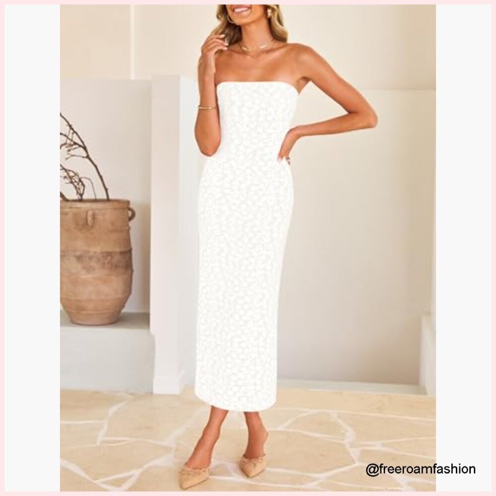 Strapless Bodycon Midi Dress Floral Summer Wedding Guest Beach Party - Picture 4 of 7